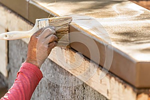 Construction Worker Using Brush On Wet Cement Forming Coping Around New Pool