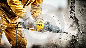 Construction worker using a jackhammer to break concrete