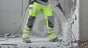 Construction worker using a jackhammer to break concrete wall