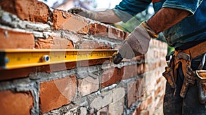 Construction Worker Using a Level to Ensure a Straight Brick Wall