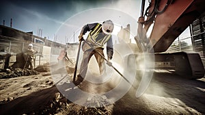 A construction worker using a shovel to dig dirt. AI generative image