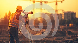 Construction Worker Using Surveying Equipment at Sunset