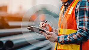 Construction worker using a tablet