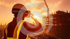 Construction worker using virtual reality technology during sunset at building site