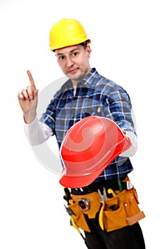 Construction worker warning about hardhat