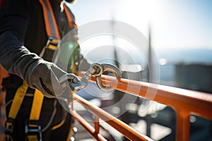 Construction Worker Wearing Safety Harness and Safety Line Masterfully Working at High Place. created with Generative AI