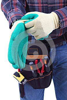 Construction worker is wearing to gloves