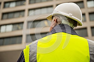 Construction worker wearing white safety helmet and high visibility vest.