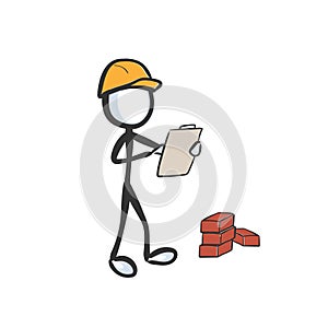 Construction worker wearing yellow safety helmet. Developement building plan. Hand drawn. Stickman cartoon. Doodle sketch, Vector photo