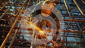 A construction worker welds metal pipes together creating the sy framework of a building photo