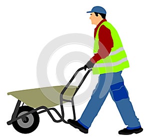 Construction worker with wheelbarrow illustration. Man carrying loader.