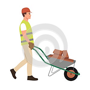 Construction worker with wheelbarrow. Man carrying loader with goods at warehouse. Transportation carrying on cart