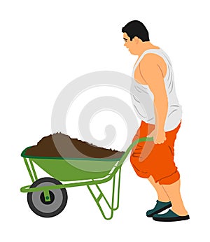 Construction worker with wheelbarrow vector illustration. Man carrying loader with goods at warehouse. Transportation carrying.