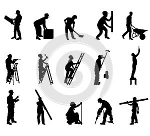 construction worker at work in different poses with tools silhouettes