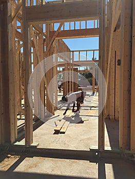 Construction worker working on the framing process for a new a house