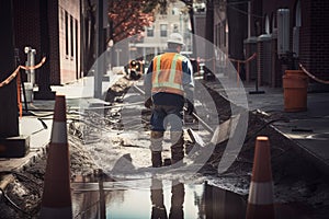 construction worker working on a new road construction site in an urban setting, Utility worker men rear view fixing a broken