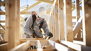 Construction worker working on a roof of a new residential house with a wooden frame