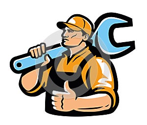 Construction worker with working tool, Builder emblem. Engineer, mechanic with wrench, workshop logo vector