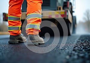Construction Worker's Safety Boots on a Road Construction Site