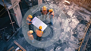 Construction workers analyzing blueprint at building site. AIG41