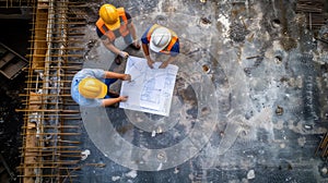 Construction workers analyzing blueprint at building site. AIG41