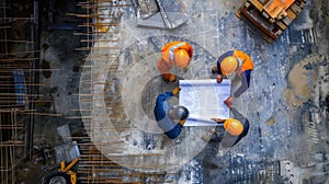 Construction workers analyzing blueprint at building site. AIG41