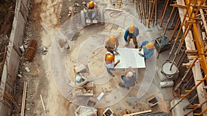 Construction workers analyzing blueprint at building site. AIG41