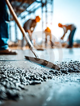 Construction workers applying fresh concrete on a building site under bright sunlight