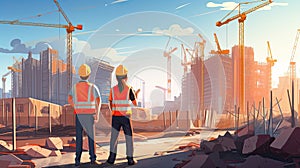 Construction workers on the background of the construction site