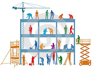 Construction workers build a building