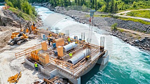 Construction workers building a bridge over a river
