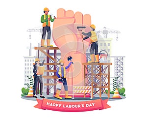 Construction workers are building a giant fist arm to celebrate labour day on 1st May vector illustration