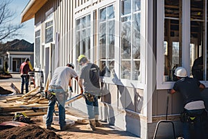 Construction workers are building a house on a new residential development project, A team of workers installing windows and doors