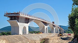 Construction workers building a large concrete bridge