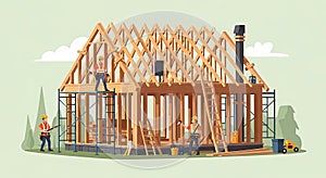 Construction Workers Building a New House Frame