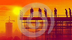 Construction workers building new skyscraper at sunset