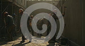 Construction workers at a building site engage in various tasks. Wearing orange