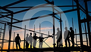 Construction workers building steel frame structure at sunset