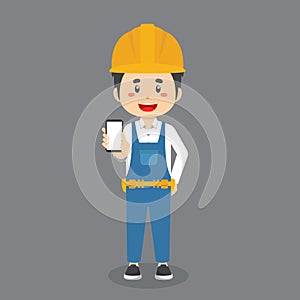 Construction Workers Character Hold The Phone