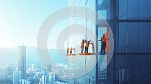 Construction Workers Cleaning Windows on a Skyscraper