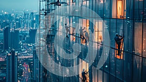Construction Workers Cleaning Windows of a Skyscraper at Dusk