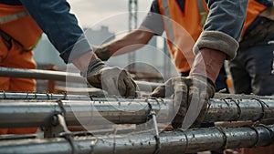 Construction workers collaborating on a building site