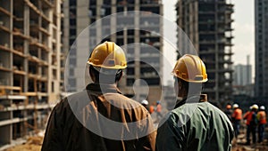 Construction workers on condominium apartment building site controlling engineering project development, generative ai