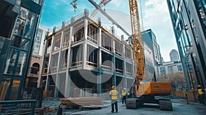 Construction Workers and Crane at a Modern Building Site