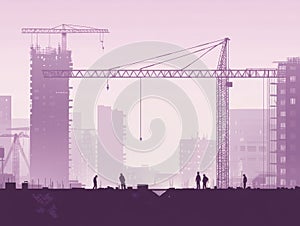 construction workers discussing building progress on a construction site at sunset