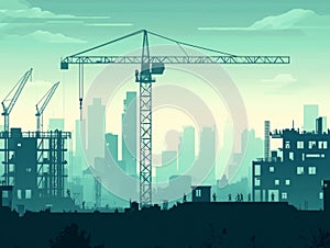 Construction workers discussing building progress at sunset. Construction concept