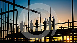 Construction workers discussing building progress at sunset
