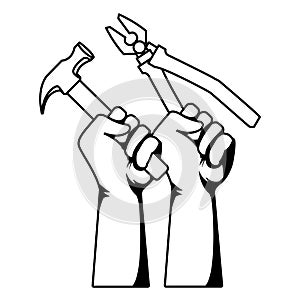 Construction workers hands holding tools in black and white