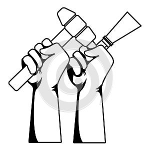 Construction workers hands holding tools in black and white