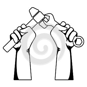 Construction workers hands holding tools in black and white